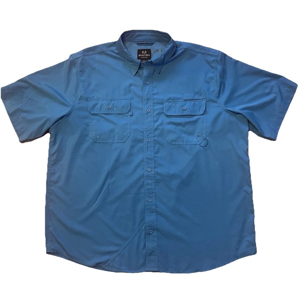 Realtree Fishing Shirt Mens 2XL Blue Short Sleeve Button Up Vented Outdoor